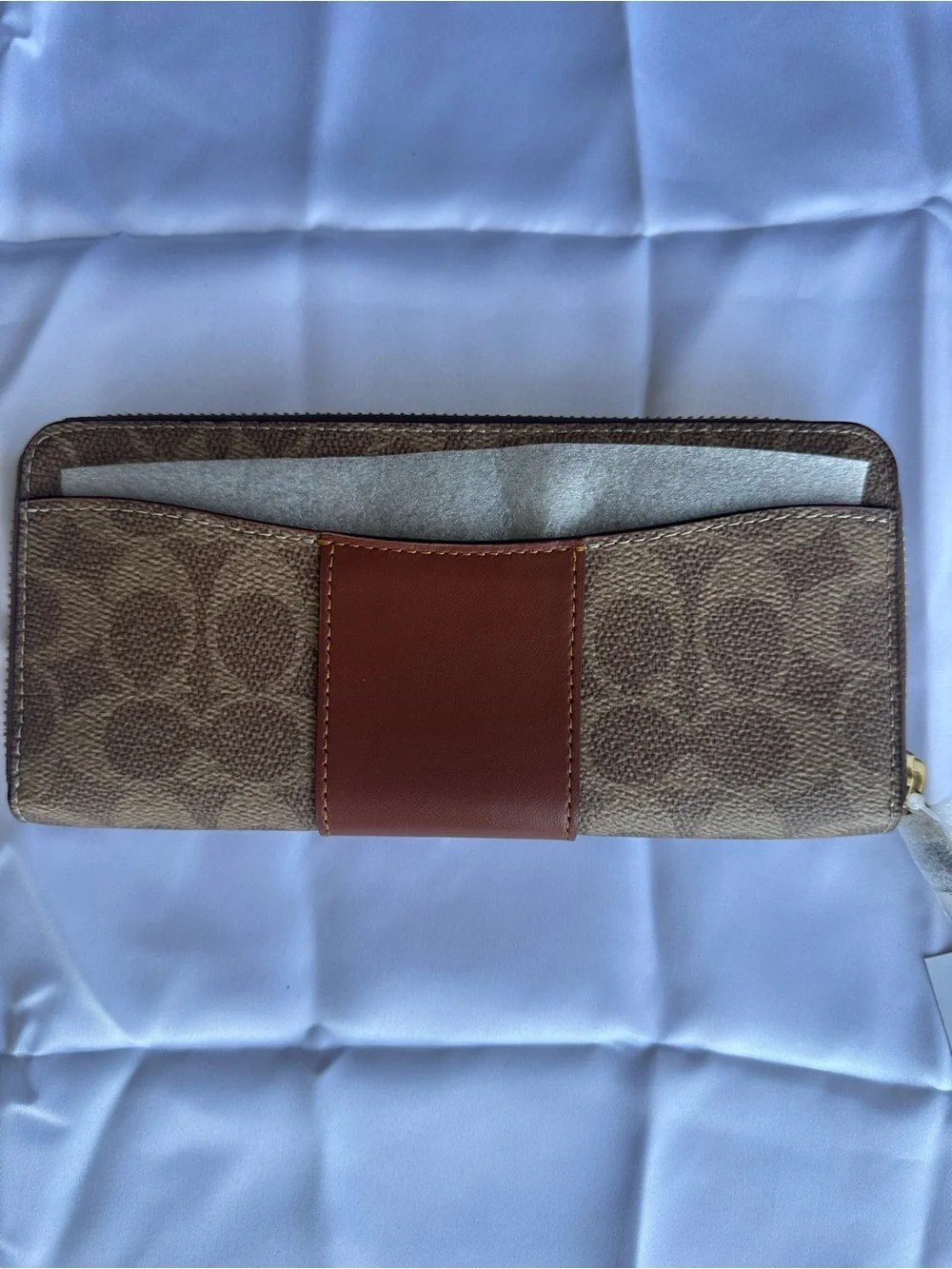 Coach Signature Zip Wallet with Maroon Center Panel and Gold 'C'
